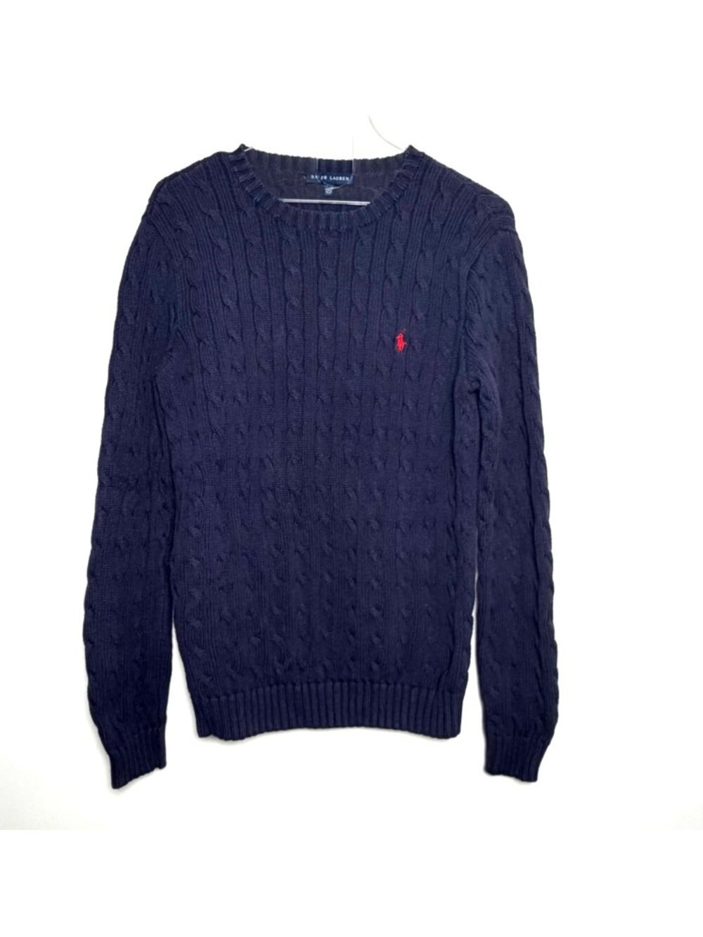 Ralph Lauren Womens Cable Knit Cotton Sweater Large Blue With Red Pony Logo - Picture 7 of 7